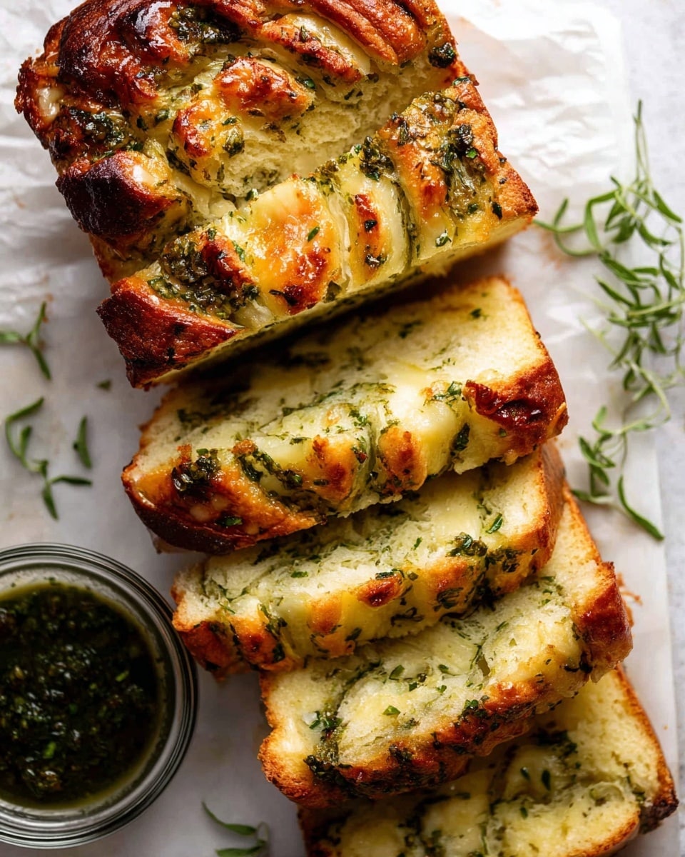 The image shows a loaf of herb and cheese bread sliced into multiple pieces, revealing a soft, light yellow inside with green herb swirls throughout. The top crust is golden brown with melted cheese and green herbs visibly baked into the surface, giving it a textured and slightly glossy look. A white plate holds the loaf, placed on a white marbled surface. To the left, there is a small glass bowl filled with a dark green sauce, and sprigs of fresh herbs are scattered around the background, adding a fresh touch. photo taken with an iphone --ar 4:5 --v 7