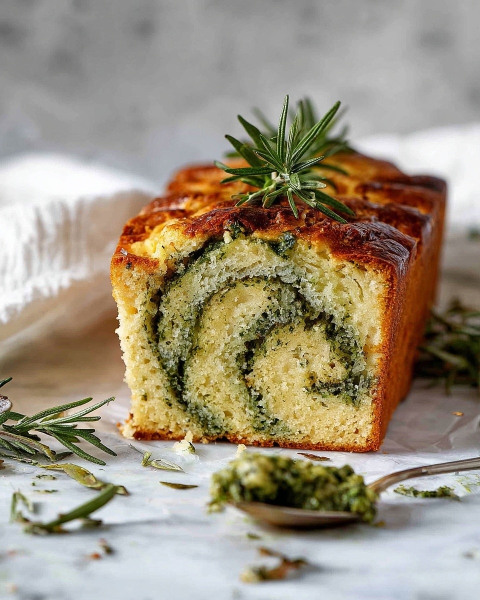 The image shows a thick slice of savory cake with two main layers: a light beige sponge base and swirls of green herb mixture running through the middle and top. The cake has a glossy, golden-brown crust with a slightly textured top, decorated with a sprig of fresh rosemary. In front of the cake is a silver spoon holding some green herb spread, all set on a white marbled surface with scattered herbs and a white cloth. Photo taken with an iphone --ar 4:5 --v 7