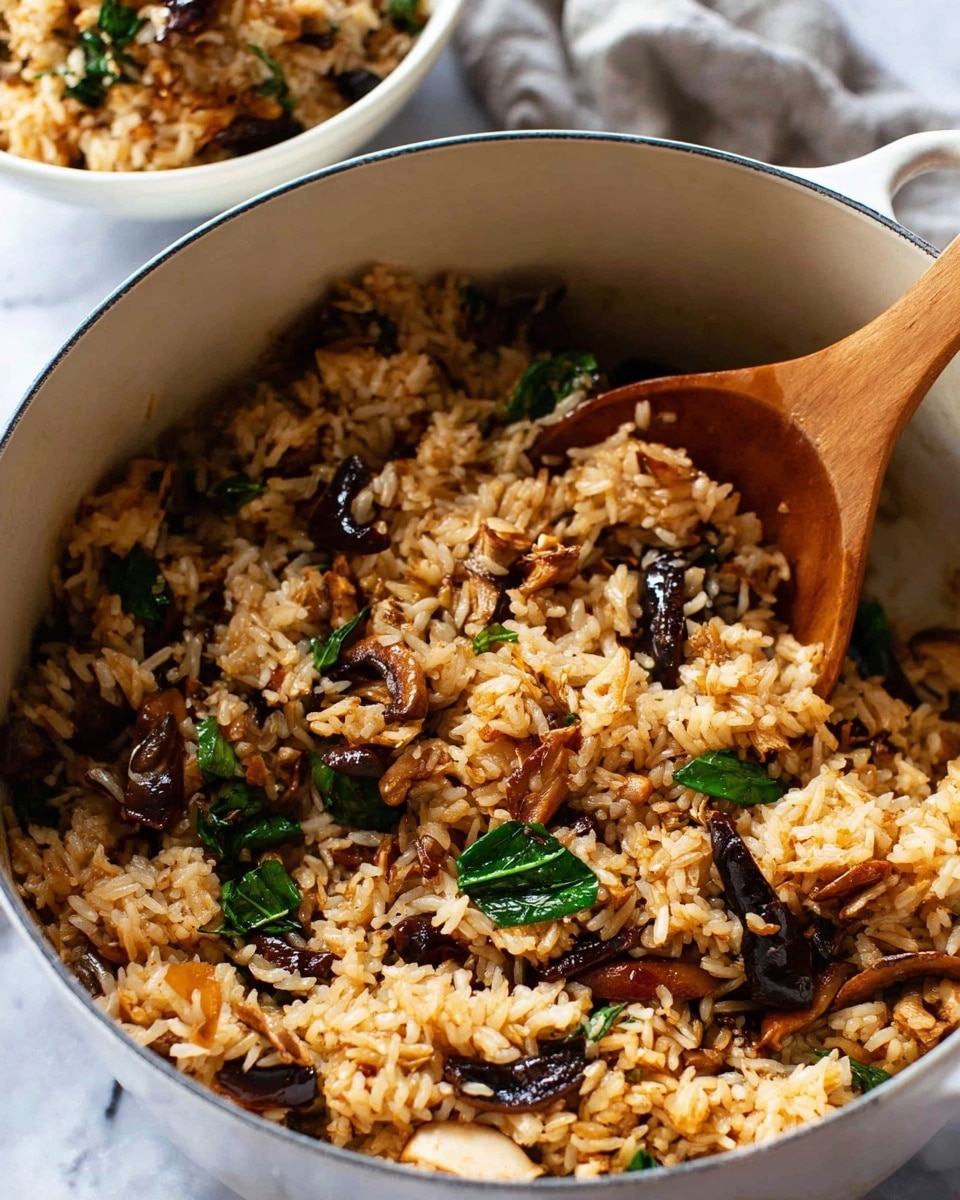 A close-up view of a large white pot filled with cooked fried rice mixed with dark brown and light brown mushrooms, small pieces of chicken or meat, and green leafy vegetables scattered throughout. The rice is golden brown and looks slightly oily, with a wooden spoon partially stirring the mixture inside the pot. In the background, a white bowl with a similar rice mix is partly visible, sitting on a white marbled surface with a light gray cloth nearby. Photo taken with an iphone --ar 4:5 --v 7