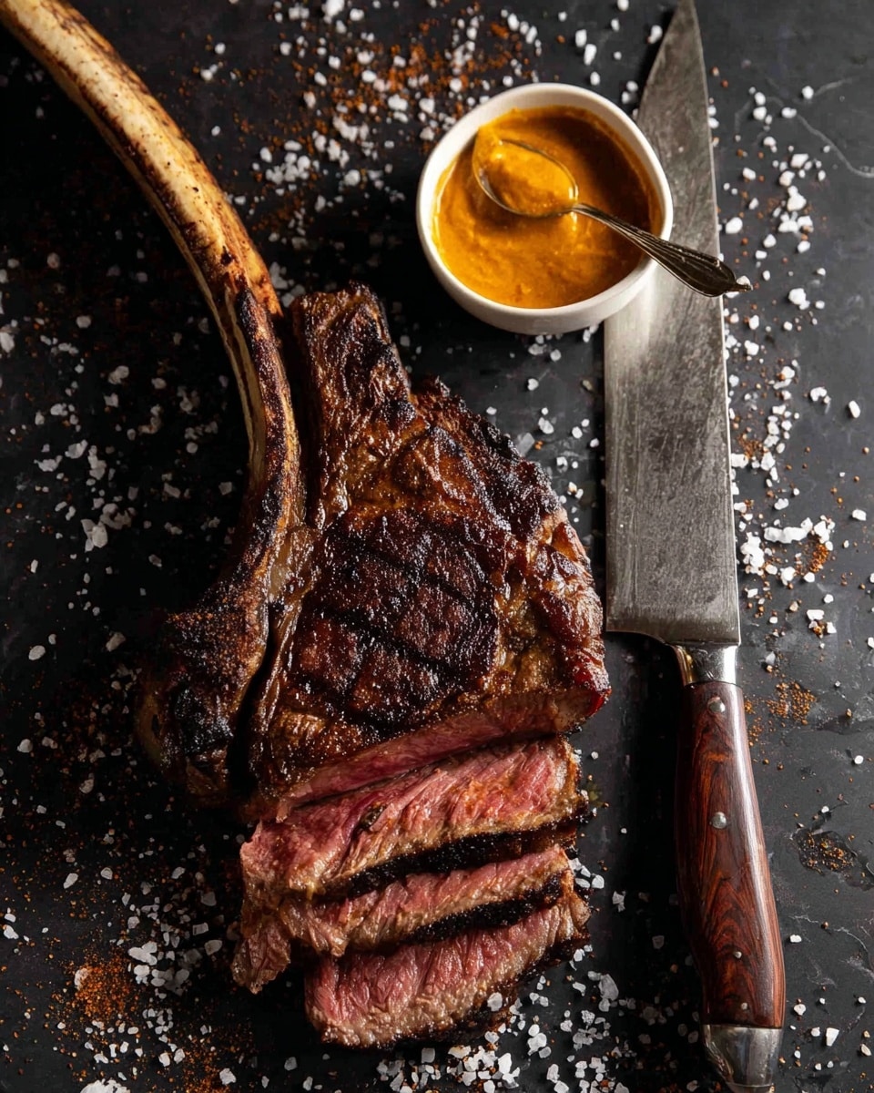 A large grilled tomahawk steak with a long bone lies on a dark surface sprinkled with coarse salt. The steak is thick with a crispy, dark brown crust and a juicy, pink interior visible in the three cut slices at the bottom. Above the steak is a small white bowl filled with orange sauce and a spoon inside it. To the right of the steak, there is a large knife with a wooden handle resting flat. The background is a white marbled texture. photo taken with an iphone --ar 4:5 --v 7