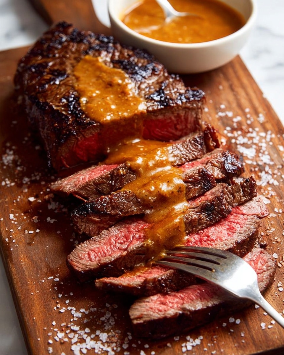 A thick piece of steak is sliced into five pieces and laid on a wooden board, each slice showing a dark, seared crust with a red, juicy inside. The steak is topped with a rich, orange-brown sauce that drips down the sides, adding a glossy texture. Near the steak, there is a white bowl with more of the same orange sauce. A silver fork holds the closest slice of steak, pressing it slightly down. The wooden board is sprinkled with coarse salt and the whole scene sits on a white marbled surface. photo taken with an iphone --ar 4:5 --v 7
