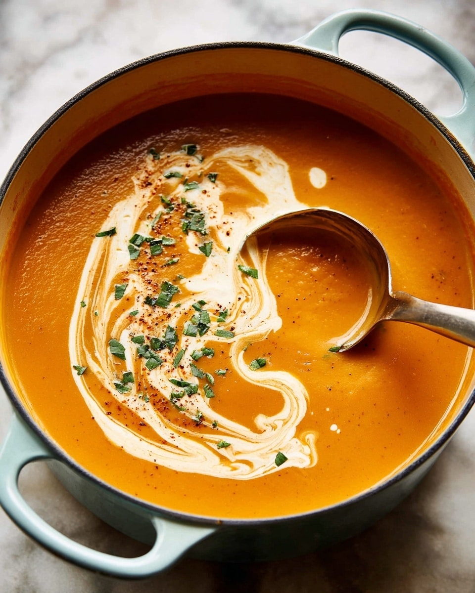 A pot filled with thick, smooth orange soup, likely pumpkin or carrot, with a swirl of white cream on top creating a flowing pattern across the surface. Green herbs are sprinkled lightly over the cream swirl, adding a fresh touch of color, along with a few specks of brown seasoning that hint at spices. A metal ladle rests in the soup, partially submerged, showing the creamy texture as it scoops up the liquid. The pot is light blue with visible handles, set against a soft white marbled textured background. Photo taken with an iphone --ar 4:5 --v 7