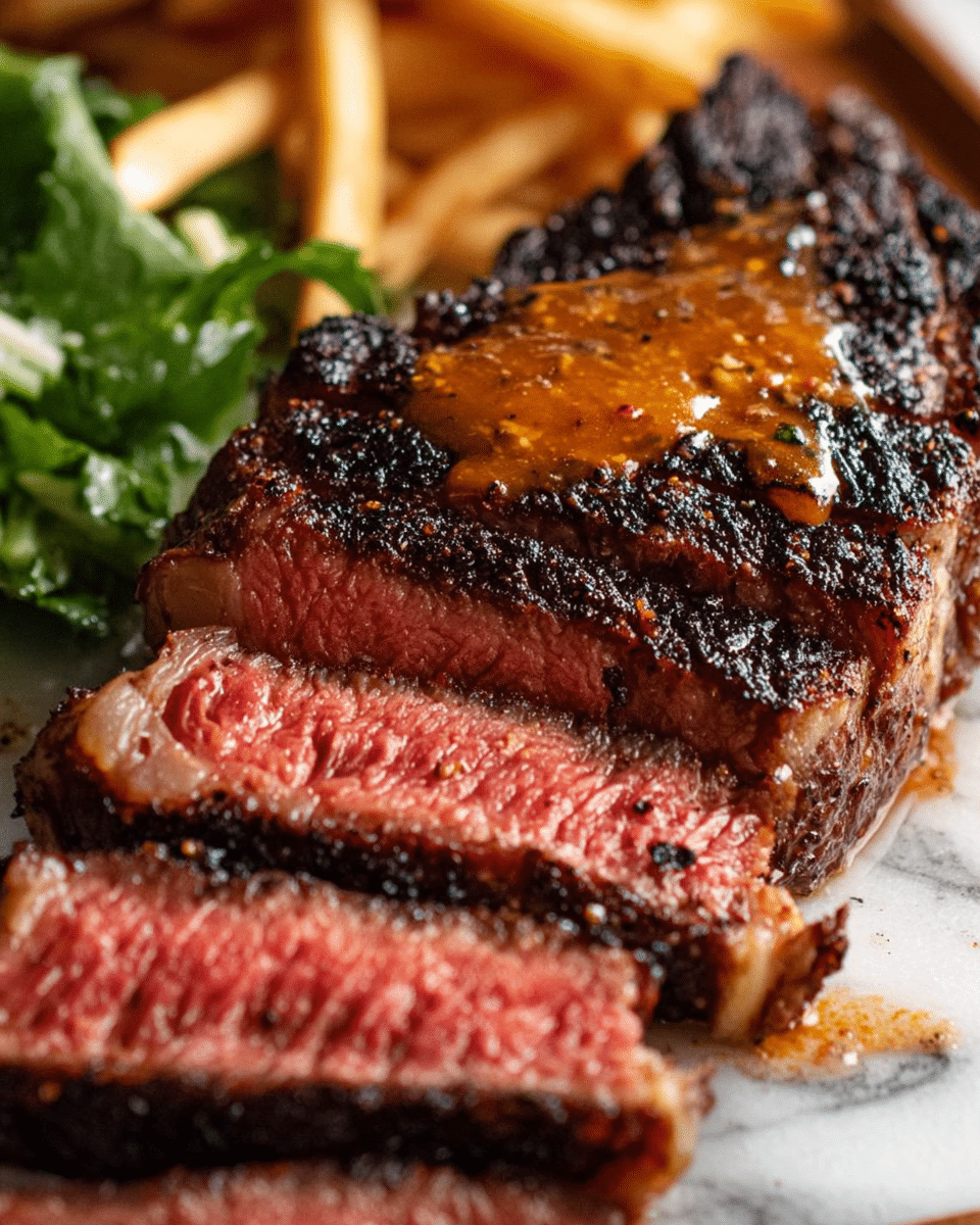 The image shows a close-up of a thick, cooked steak sliced into several pieces, laid out on a surface with a white marbled texture. The steak has a dark, crispy, and charred outer layer, with the inside showing a juicy, pink-red color indicating medium-rare cook. On top of the steak, there is a dollop of melted orange-brown butter or sauce, adding a glossy texture. In the blurred background, there are golden French fries and some green leafy salad, partially visible. Photo taken with an iphone --ar 4:5 --v 7