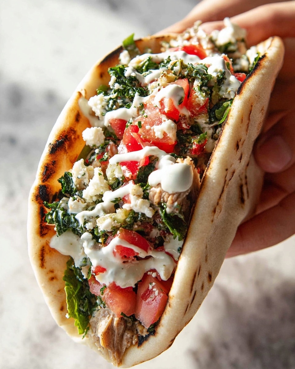 A close-up of a sandwich held by a woman's hand, showing a thick white pita bread folded around three main filling layers: the bottom layer has a light toasted brown color with some char marks, the middle layer is filled with chopped green leafy vegetables mixed with bright red tomato pieces and crumbled white cheese, and the top layer is drizzled with creamy white sauce. The textures include the soft, slightly porous bread, fresh crisp greens, juicy tomatoes, and smooth sauce, all against a blurred white marbled background. photo taken with an iphone --ar 4:5 --v 7