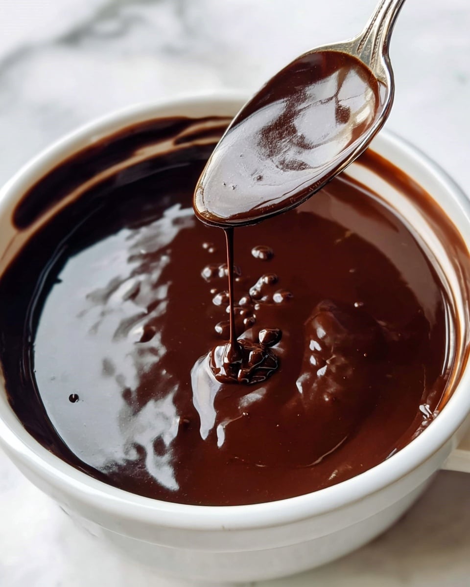 A white bowl filled with thick, glossy dark chocolate sauce that looks smooth with a few small lumps, a silver spoon dipped in the sauce is held above the bowl with some sauce dripping gently off it, the bowl sits on a white marbled surface with soft natural light reflecting off the shiny chocolate, showing its rich texture and deep brown color, photo taken with an iphone --ar 4:5 --v 7