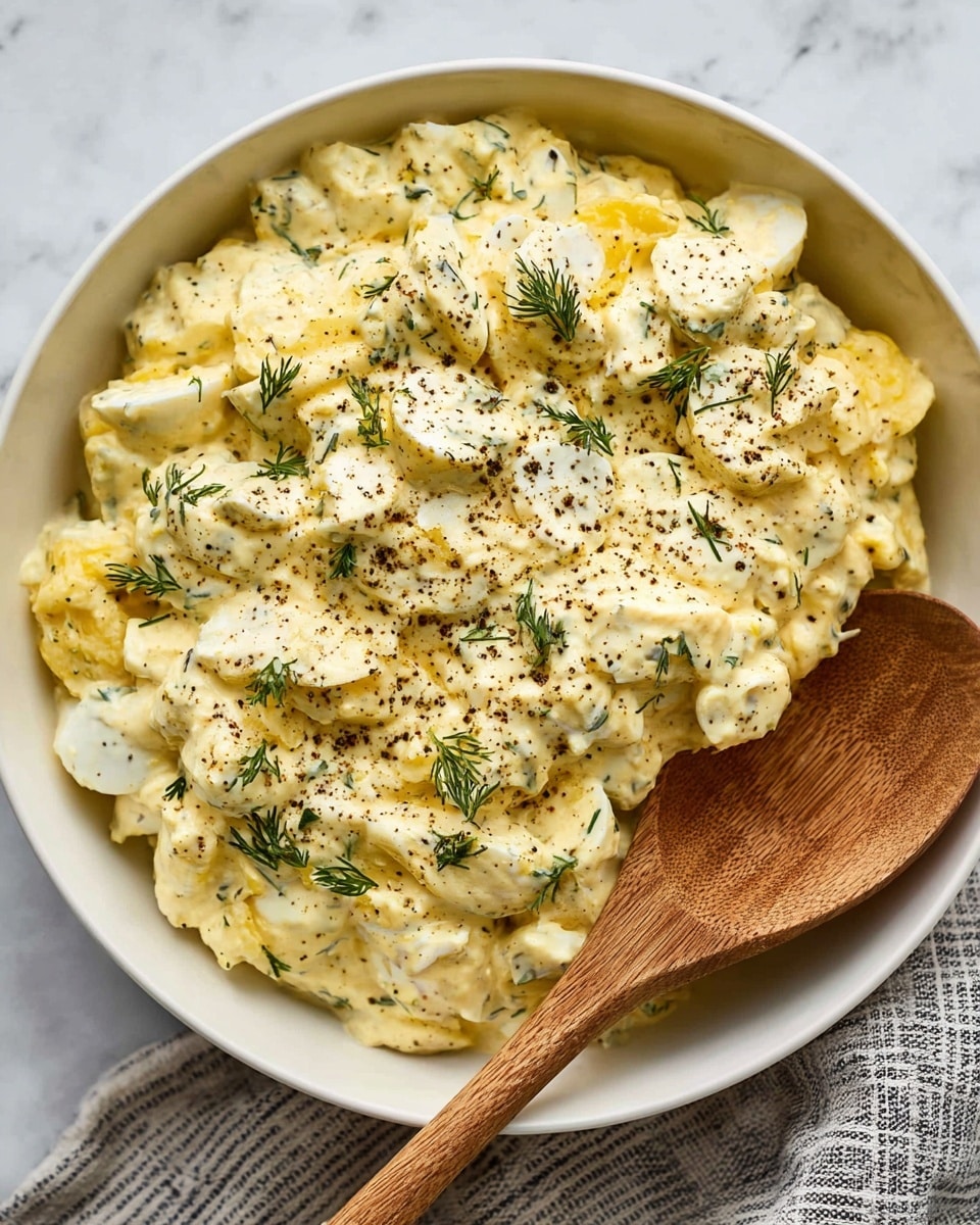 A close-up of a sandwich cut in half and stacked, showing two thick layers of chunky egg salad mixed with creamy yellow dressing and sprinkled with green herbs; there is a layer of green lettuce between the egg salad and the bread on both halves, and the bread is brown multigrain with a textured crust and soft inside; it sits on a white plate on a white marbled surface, with some small herb bits scattered around, a soft focus background, and a striped cloth partially visible in the foreground; photo taken with an iphone --ar 4:5 --v 7