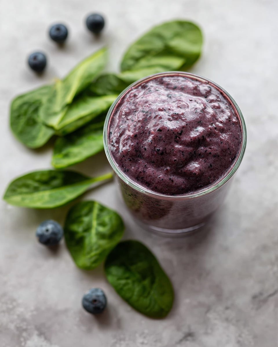 A clear glass filled with a thick, purple smoothie that has small dark specks, placed at the center on a white marbled surface. Around the glass, there are fresh green spinach leaves and a few scattered blueberries, adding a natural touch to the scene. The smoothie looks creamy and dense, piled slightly above the rim of the glass. Photo taken with an iphone --ar 4:5 --v 7