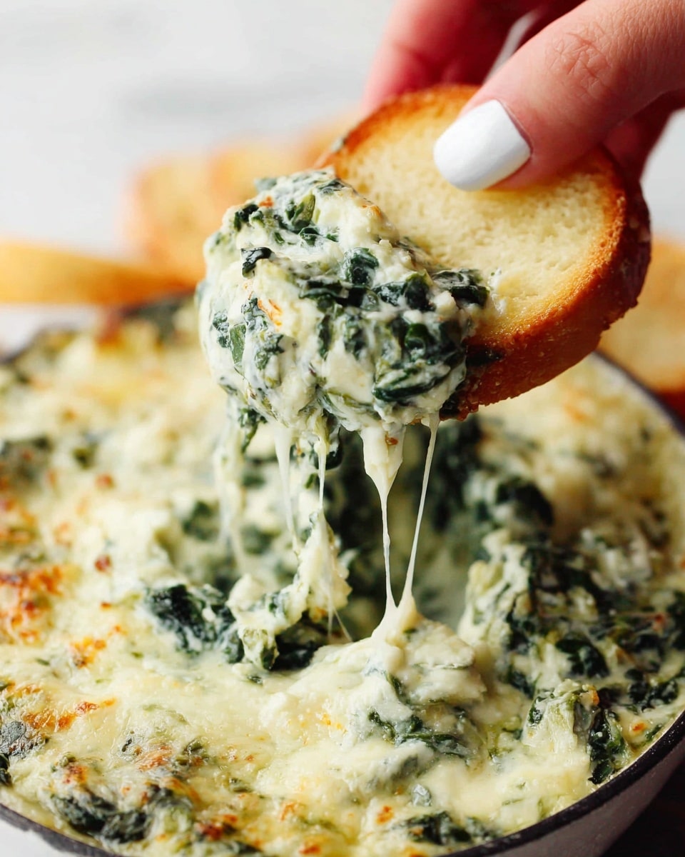 A close-up shows a woman's hand with white nail polish holding a round piece of toasted bread dipped in a creamy spinach and cheese dip. The dip is thick and textured with bright green spinach leaves mixed with white melted cheese that strings down from the bread and the white bowl below. The background is a white marbled surface. Photo taken with an iphone --ar 4:5 --v 7