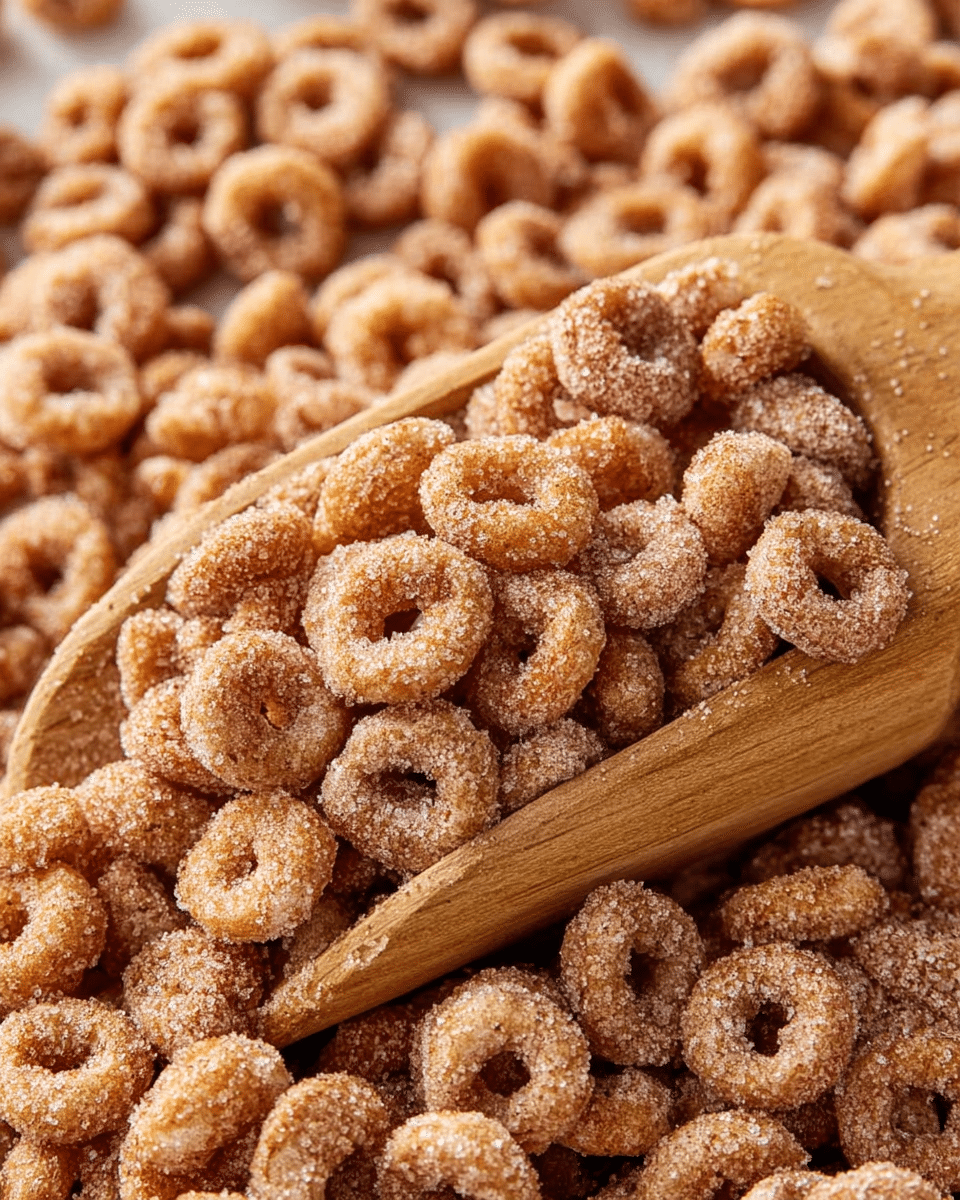 A close-up image of many small round cereal pieces covered with a grainy, light brown sugar and cinnamon coating, spilling out from a smooth, medium brown wooden scoop that is resting partially in the pile. The cereal has a rough texture with a sugary layer visible on each piece, and the scene is set against a white marbled texture. photo taken with an iphone --ar 4:5 --v 7
