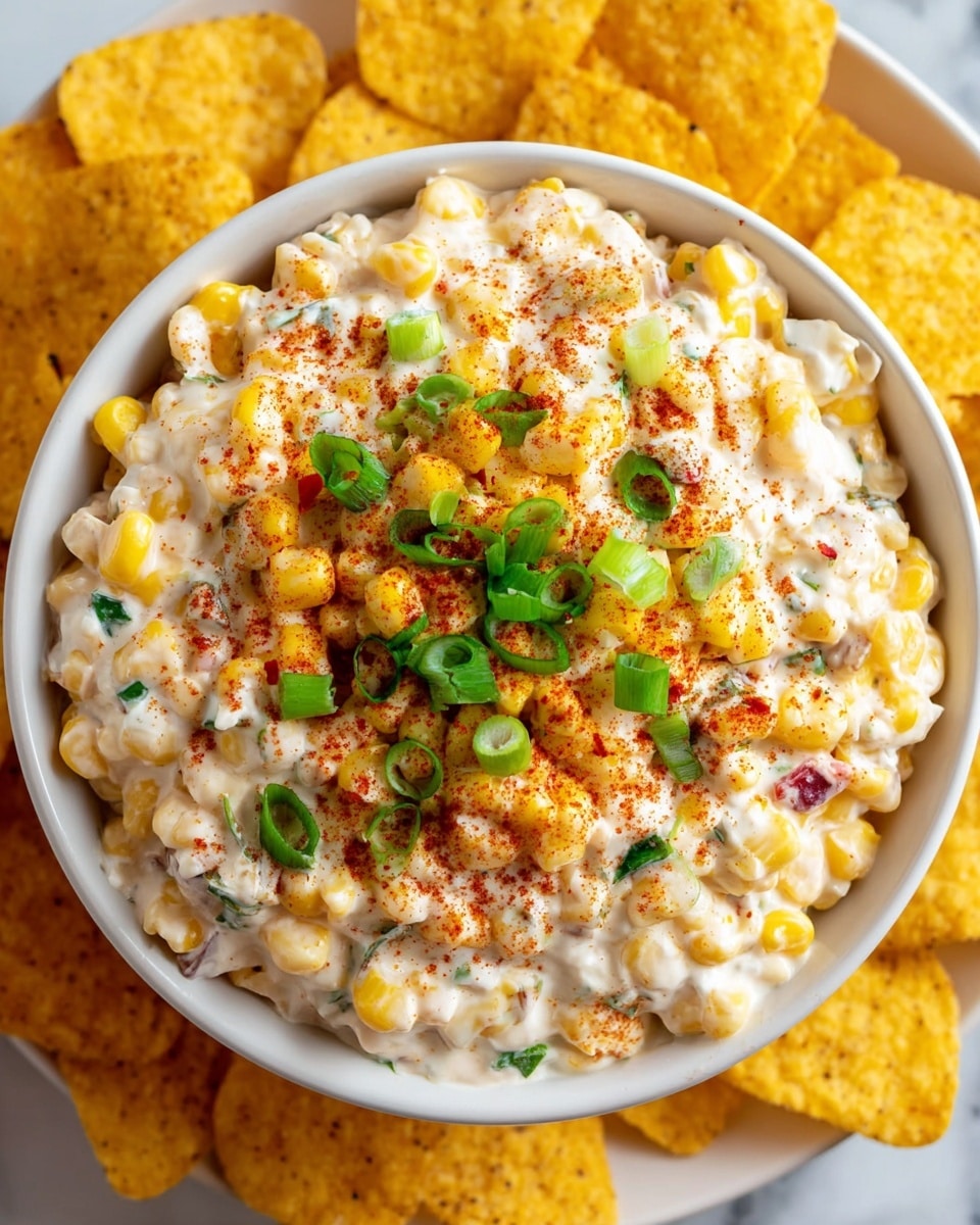 The image shows a close-up of a white bowl filled with a creamy dip made of corn kernels, small pieces of red pepper, and chopped green onions, topped with a sprinkling of reddish seasoning. A gold spoon holds a scoop of the dip above the bowl, showing the mix of yellow corn, white creamy sauce, red bits, and green onion slices. Behind the bowl, there are blurred elements including a clear bowl with crispy chips and a wooden bowl with more chopped green herbs, all placed on a white marbled surface. Photo taken with an iphone --ar 4:5 --v 7