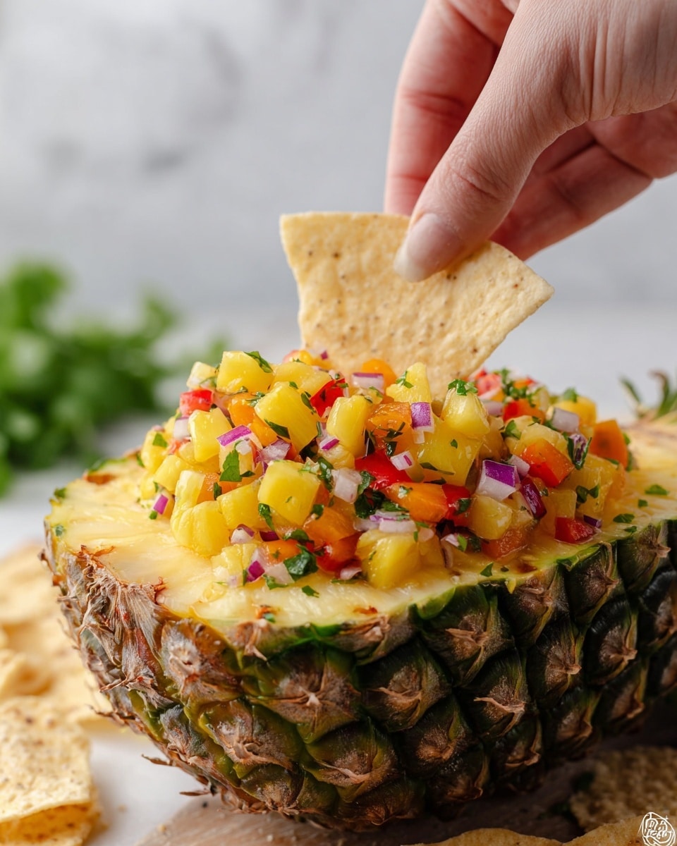 A close-up view of a half pineapple used as a bowl, with its rough green and brown skin visible at the bottom. The top layer inside the pineapple is filled with a colorful fruit salsa made of small diced pieces of yellow pineapple, red bell pepper, orange mango, finely chopped red onion, and little green herb bits. A woman's hand is holding a light brown, textured tortilla chip dipping into the fruit salsa. The background features a soft white marbled texture with some green blurred herbs. Photo taken with an iphone --ar 4:5 --v 7