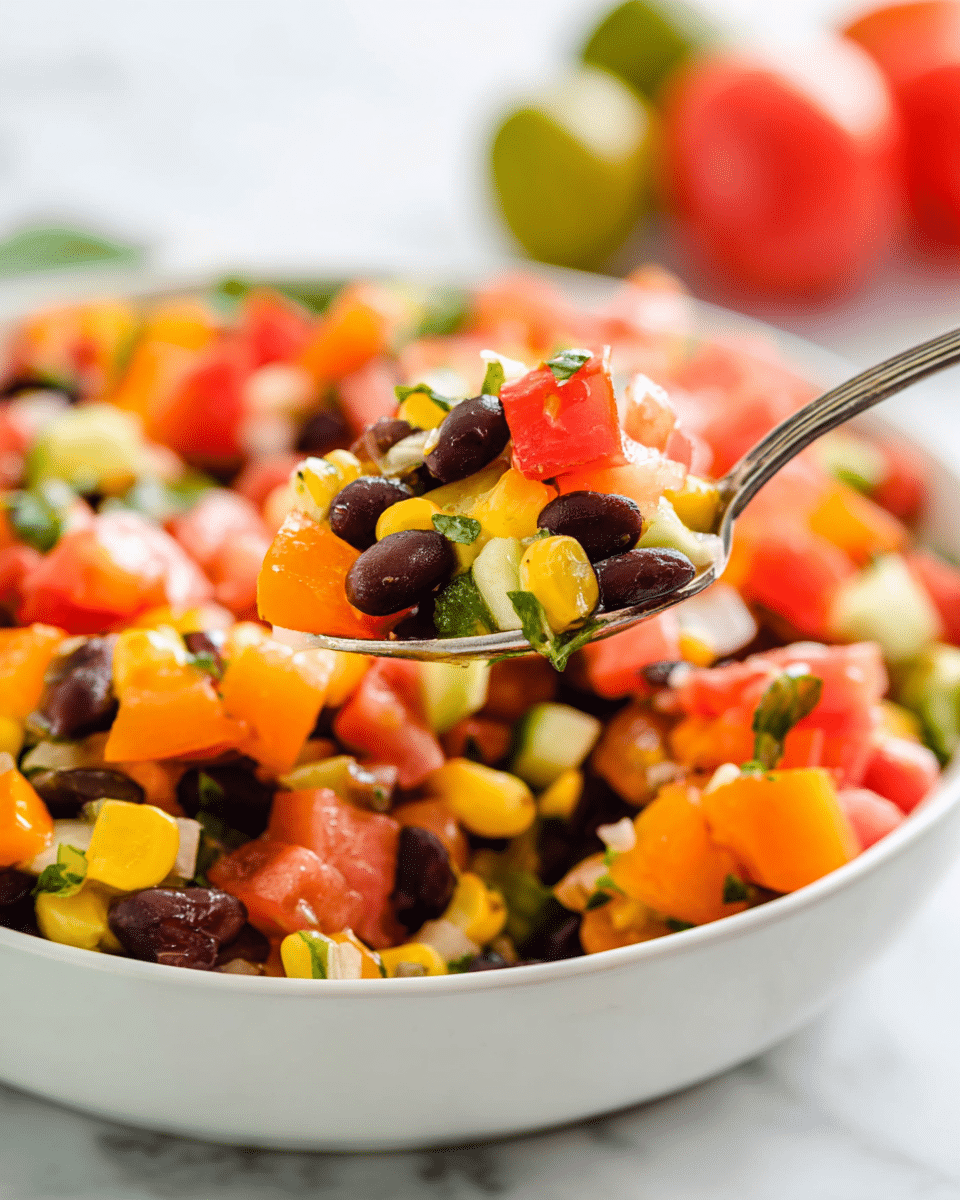 A close-up view of a colorful salad in a white bowl on a white marbled surface, filled with layers of diced red tomatoes, black beans, yellow corn, orange bell peppers, green herbs, and small white onion pieces, all mixed together to create a bright, fresh texture; a spoon holds a small portion of the salad above the bowl, showing the mix of colors and chunky textures in detail. photo taken with an iphone --ar 4:5 --v 7