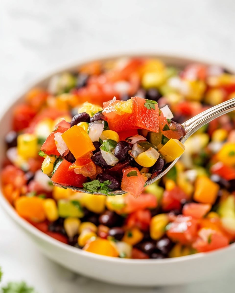 A close-up view of a colorful vegetable and bean salad served in a white bowl on a white marbled surface, filled with layers of diced orange bell peppers, bright red tomatoes, yellow corn kernels, black beans, small green herb pieces, and bits of white onion. The salad pieces are fresh and glossy, showing a mix of soft and firm textures, with a spoon hovering just above the bowl holding a scoop of the salad, highlighting a balanced mix of colors and ingredients in a single layer. The background is softly blurred with hints of tomatoes and greens. photo taken with an iphone --ar 4:5 --v 7