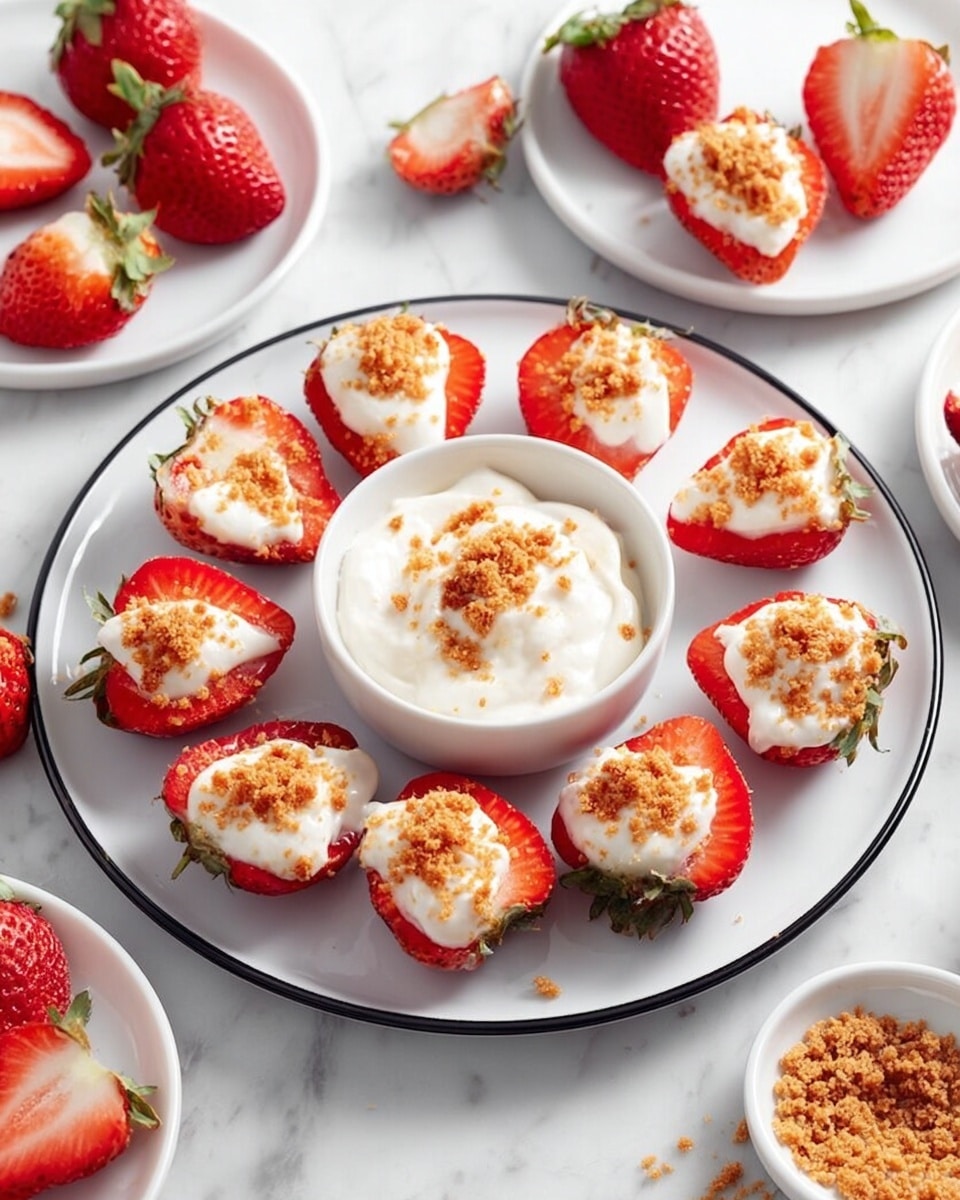 A white plate with a black rim holds 14 halved strawberries arranged in a circle, each topped with a thick layer of white cream and sprinkled with golden brown crumbs. In the middle of the plate is a white bowl filled with the same white cream, also sprinkled with crumbs. Around the plate lie whole and halved fresh strawberries, and two smaller white plates in the background each hold four strawberry halves similarly topped with cream and crumbs. A small white bowl with more crumbs is near the bottom right, all placed on a white marbled surface photo taken with an iphone --ar 4:5 --v 7