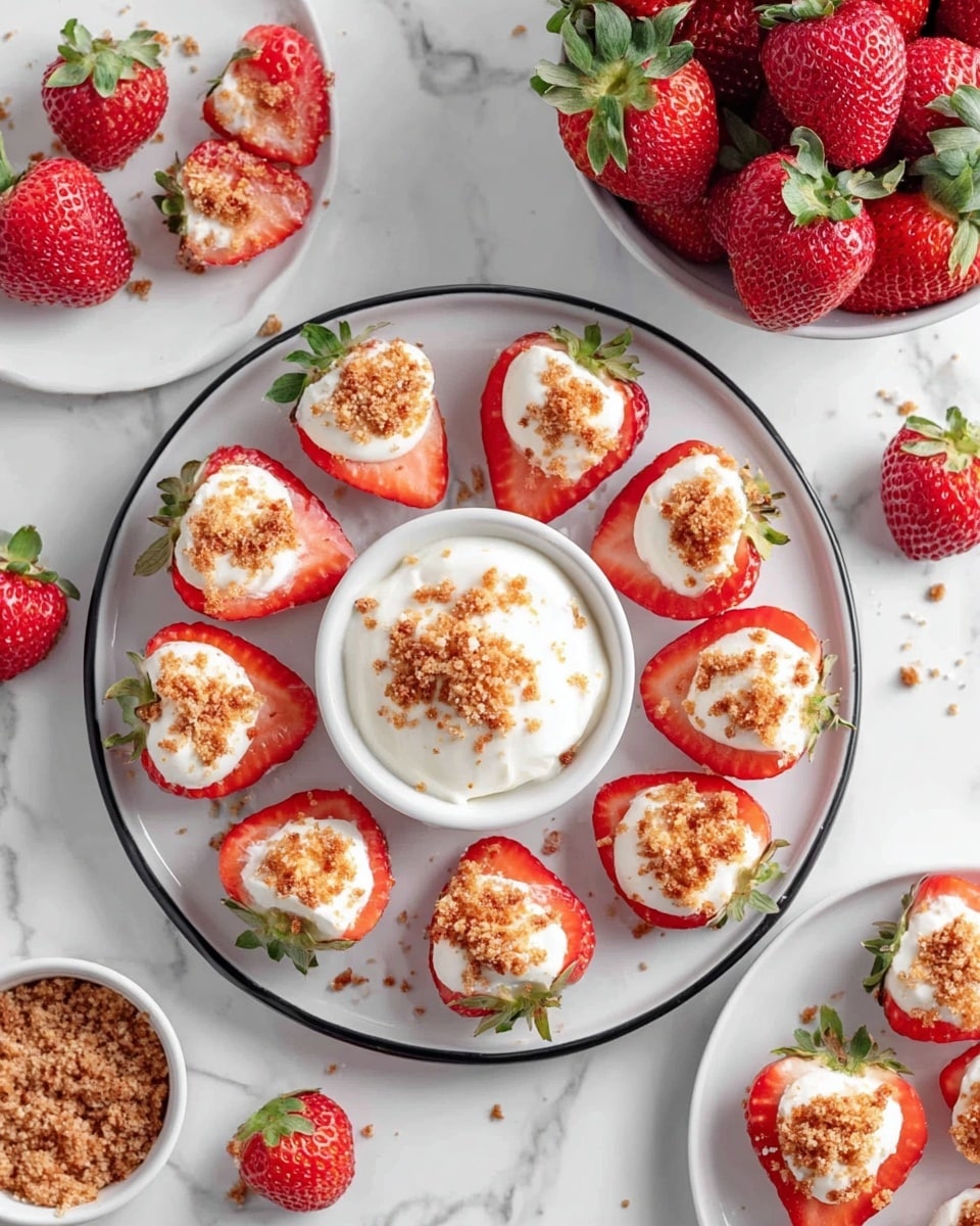 A white round plate with a black rim holds 15 halved strawberries arranged in a circle. Each strawberry half is topped with a dollop of white creamy filling and sprinkled with light brown crumbled topping. In the middle of the plate is a small white bowl filled with the same white creamy filling, also sprinkled with the crumb topping. Above the plate is a white bowl filled with whole red strawberries with green leaves. To the right, a white plate holds four strawberry halves with the creamy topping and crumbs. The background is a white marbled surface scattered with a few whole strawberries, crumb topping, and a small white bowl. photo taken with an iphone --ar 4:5 --v 7