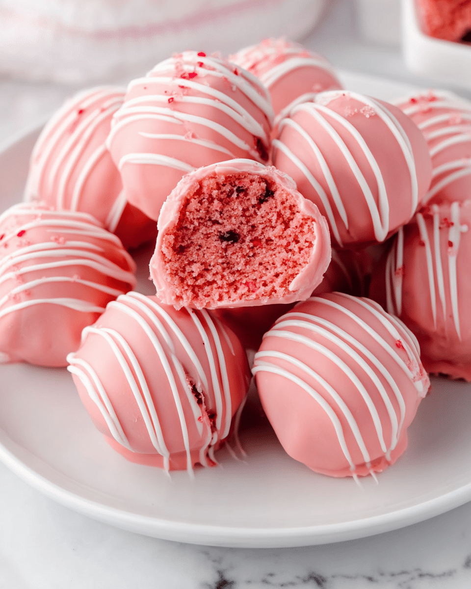 A white plate holds several round pink truffles covered in a smooth pink coating that looks glossy. Each truffle is decorated with thin white lines drizzled across the top evenly. One truffle is cut in half, showing a dense, crumbly pink inside mixed with small red bits. The truffles are placed closely together on the plate, set against a white marbled background. Photo taken with an iphone --ar 4:5 --v 7