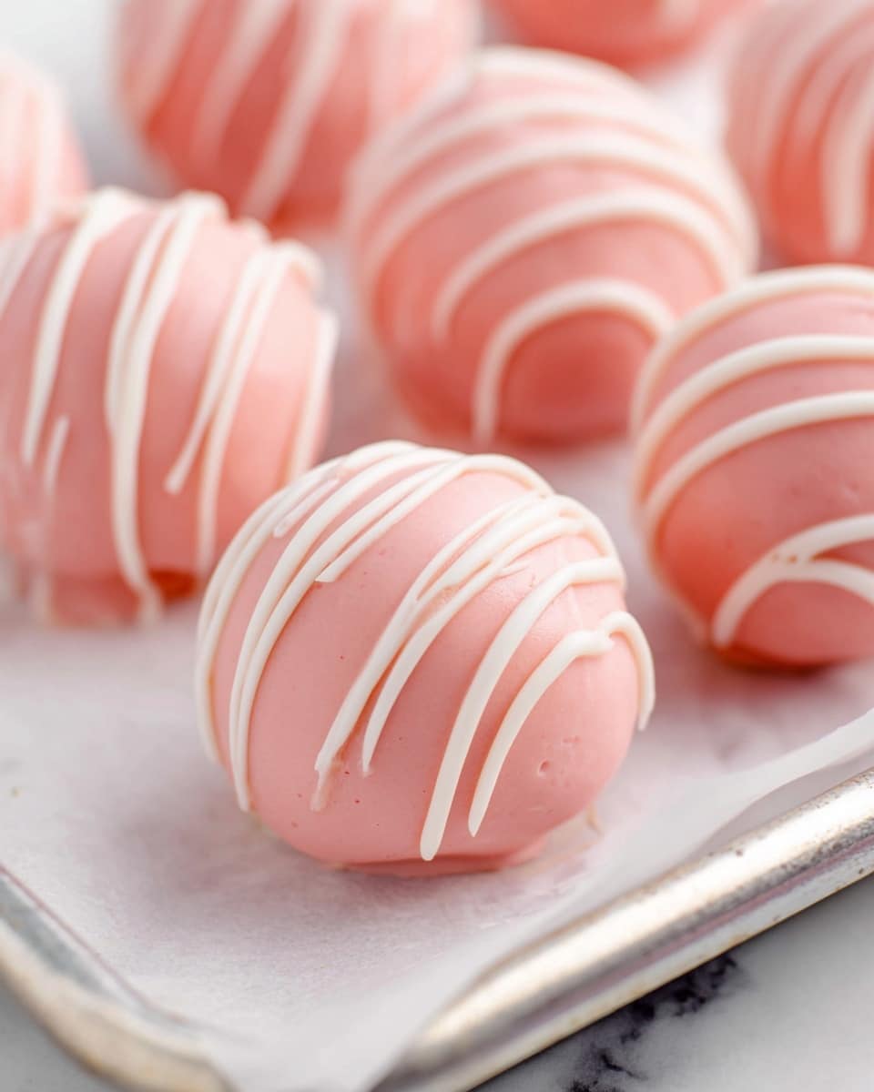 Several round cake balls coated in smooth light pink icing are arranged closely together on a tray lined with white parchment paper. Each cake ball has thin, uneven white icing drizzled over the top in gentle, wavy lines, creating a contrast with the pink base. The surfaces of the cake balls are glossy and slightly textured, with soft shadows highlighting their round shape. The tray holding the treats has a thin metallic edge visible at the bottom right, and the overall scene is set on a white marbled texture. photo taken with an iphone --ar 4:5 --v 7