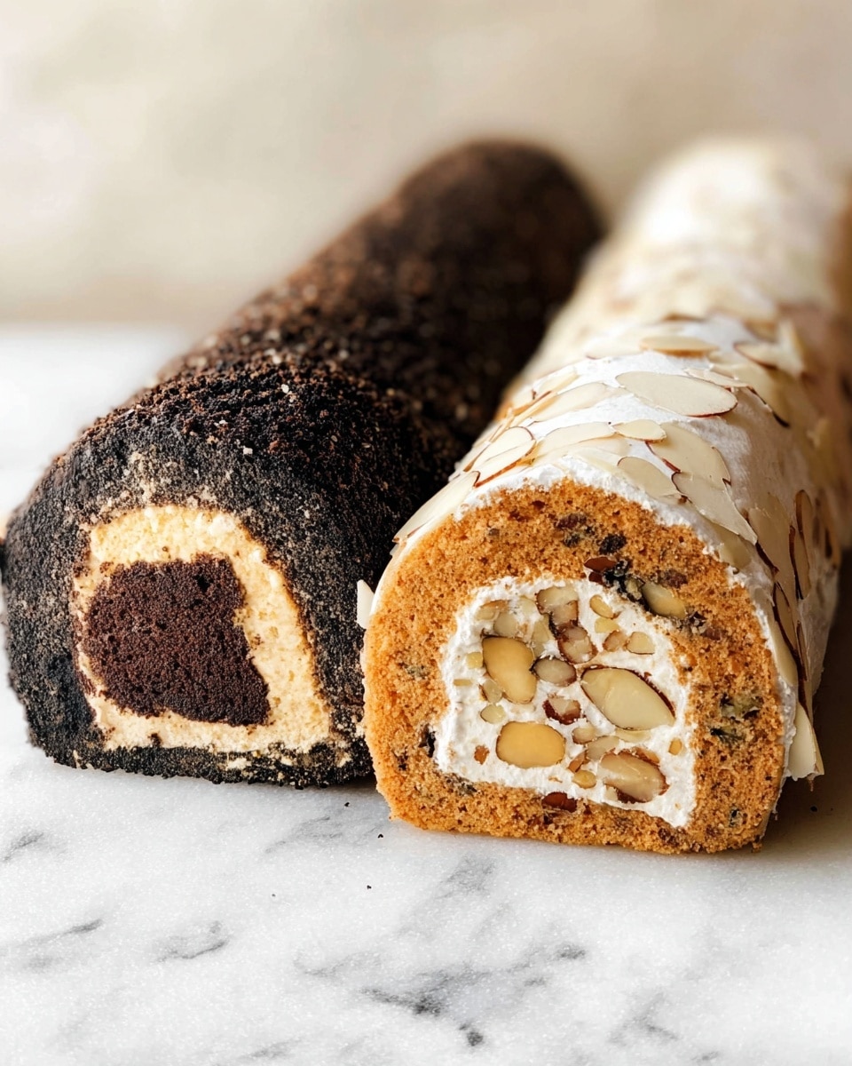 The image shows two thick dessert logs placed side by side on a white marbled surface. The log on the left has a dark outer layer with a coarse, crumbly texture, almost black in color, surrounding a dense, dark brown inner filling. The log on the right has a white outer layer covered with small almond slices, revealing a light brown, nut-filled inner core with bits of nuts visible throughout. Both logs are cut open at the front to show the inner fillings clearly. The background is soft and neutral colored, adding to the focus on the dessert logs. Photo taken with an iphone --ar 4:5 --v 7