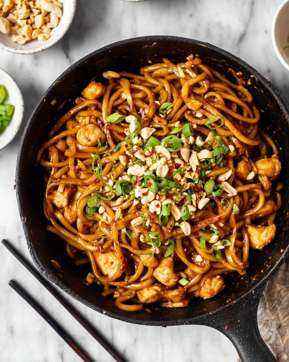 A black skillet holds thick brown noodles mixed with golden brown chunks of chicken, all coated in a glossy dark sauce. On top, vibrant green chopped scallions and crushed pale nuts are sprinkled, adding texture and color contrast. Small red flakes of chili pepper are scattered throughout, adding tiny bursts of red against the noodles. The skillet sits on a white marbled surface with a pair of black chopsticks lying nearby, and the background shows a couple of white bowls with bits of green garnish and nuts. photo taken with an iphone --ar 4:5 --v 7