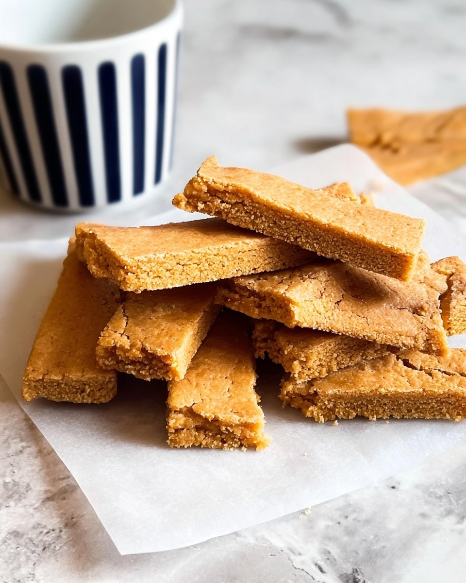 The image shows a pile of golden brown, rectangular baked bars with a slightly crumbly texture, laid casually on a sheet of white parchment paper placed on a white marbled surface. Each bar is about one layer thick, with visible rough edges and some cracks on the top, indicating a crunchy exterior and a soft inside. The bars vary slightly in size but are generally long and flat. In the top left corner, a white cup with dark blue vertical stripes is partially visible, adding a touch of contrast to the scene. The overall look is warm and inviting, perfect for a snack. photo taken with an iphone --ar 4:5 --v 7