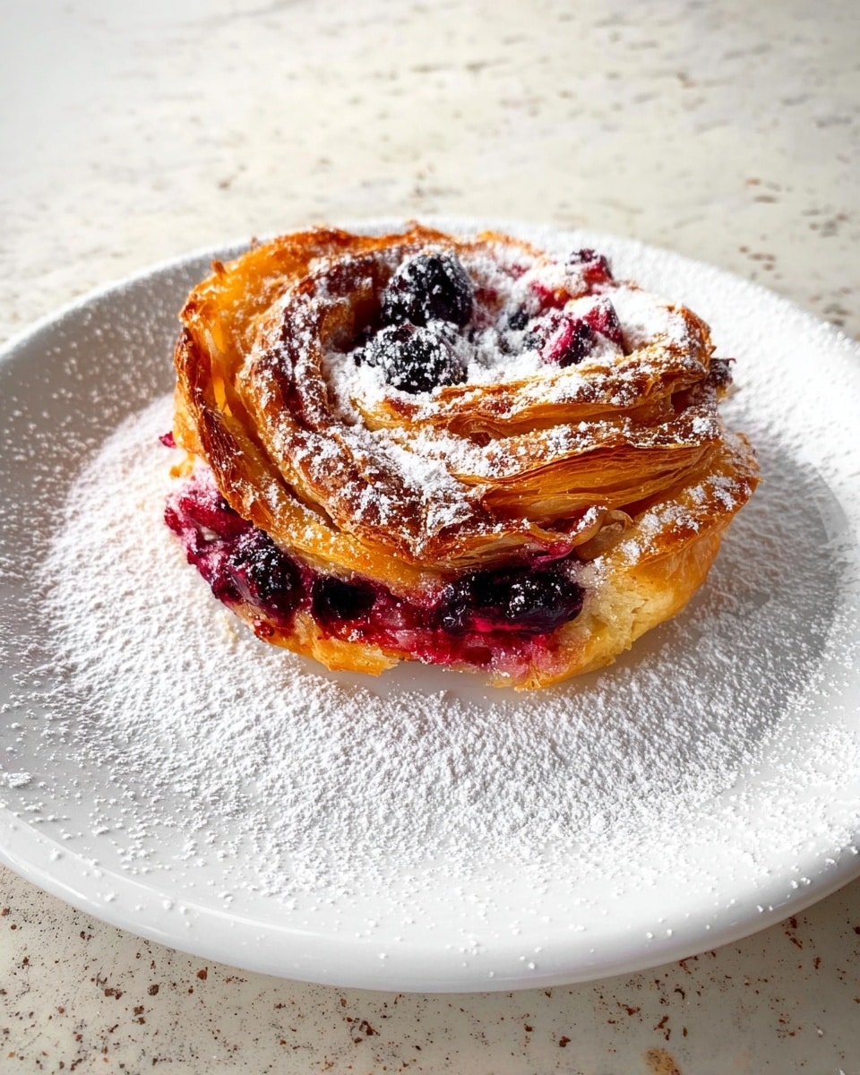 A single pastry with twisted and curled edges sits in the center of a white plate, showing layers of golden brown, flaky dough with a slightly crispy texture on top. The layers beneath reveal a deep red and purple mixture of berries, some visibly crushed and oozing slightly. The entire pastry is dusted generously with white powdered sugar, which also lightly covers the plate around it. The white plate rests on a white marbled textured surface, making the colors of the pastry and berries stand out vividly. photo taken with an iphone --ar 4:5 --v 7