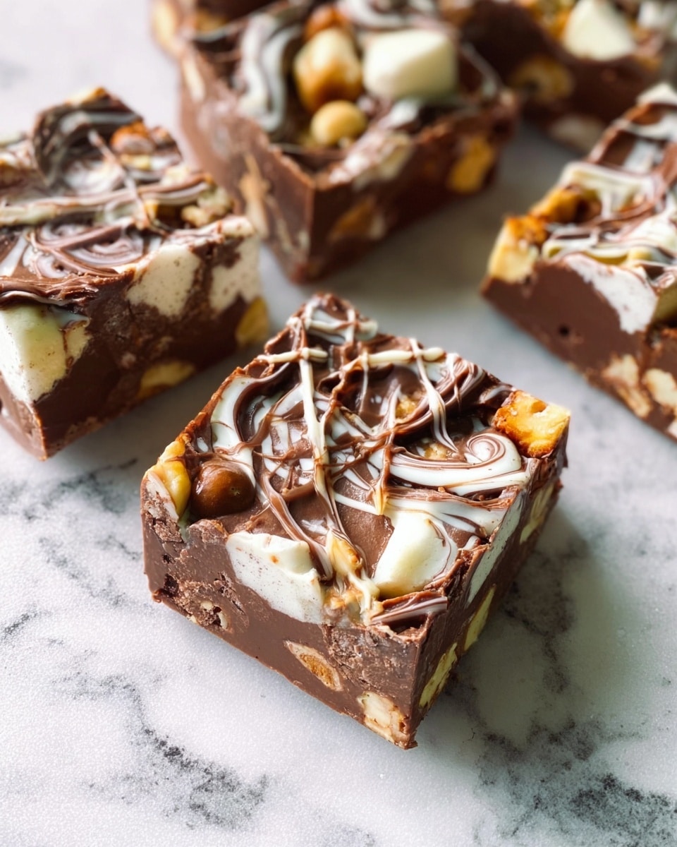The image shows several square pieces of rocky road treats placed on a white marbled surface. Each piece has a thick base of milk chocolate mixed with whole nuts and marshmallows creating a bumpy texture with bits of white and beige visible inside. The top is decorated with swirls and drizzles of white chocolate and dark chocolate in thin, uneven lines that cross over each other, adding a glossy and textured finish. The rocky road pieces have rough edges and vary slightly in size, showing chunks of nuts and marshmallows peeking through the smooth chocolate layers. photo taken with an iphone --ar 4:5 --v 7
