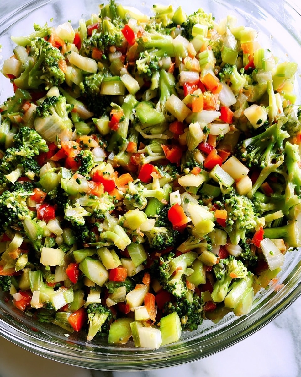 The image shows a close-up of a mixed vegetable salad in a clear bowl, placed on a white marbled surface. The salad has multiple colorful layers, mainly small chopped pieces of bright green broccoli florets and stems, pale yellow and white diced vegetables, and diced red bell pepper adding pops of red. The texture is fresh and crunchy, with pieces of varying shapes and sizes evenly mixed throughout the bowl. The overall look is vibrant and colorful, showing a healthy fresh salad with natural textures. Photo taken with an iphone --ar 4:5 --v 7