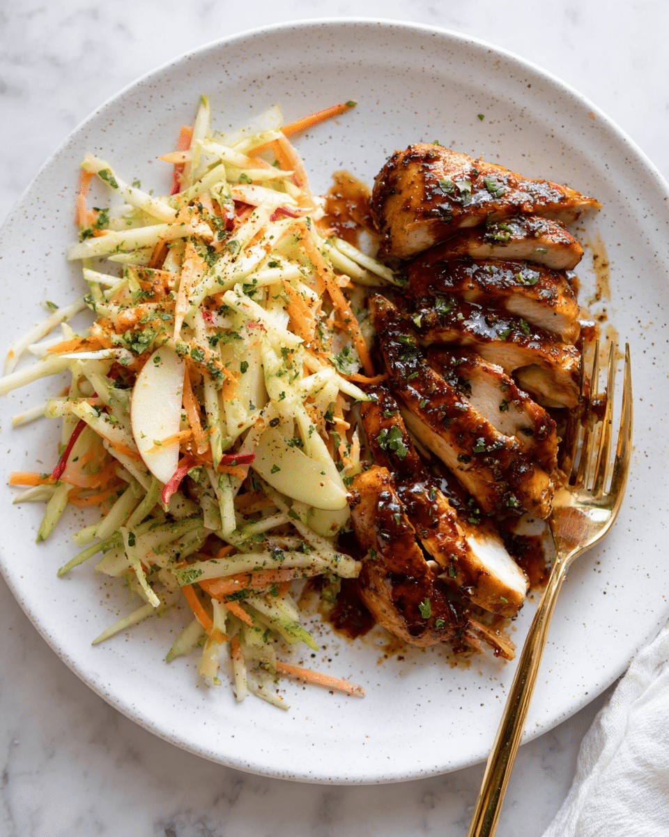 A white round plate holds two main parts: sliced grilled chicken breast on the right side and a fresh salad on the left. The chicken is cut into five thick pieces with a dark brown, glossy sauce and some green herb bits sprinkled on top. The salad is a mix of thin, long pale yellow vegetable sticks, shredded orange carrot, light green chopped celery, and thin slices of green apple with red edges, all topped with small green herb pieces and black pepper flakes. A gold fork rests on the right side of the plate, touching some chicken. The plate sits on a white marbled surface. photo taken with an iphone --ar 4:5 --v 7