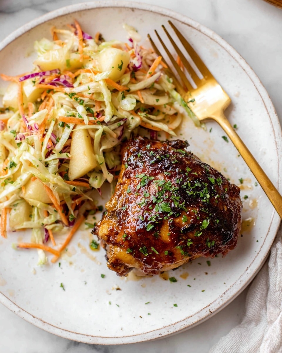 On a white plate with a white marbled texture background, there is a single roasted chicken thigh with a shiny, dark brown, and slightly crispy skin covered in green chopped herbs on the right side. On the left side of the plate, there is a colorful slaw made of thinly sliced pale yellow apples, orange shredded carrots, light green cabbage, and small bits of purple onion, all mixed and sprinkled with little green herbs. A gold fork lies diagonally across the plate pointing to the upper right, partly touching the chicken thigh. Photo taken with an iphone --ar 4:5 --v 7
