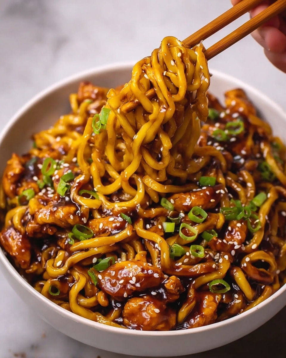 A white bowl filled with thick, twisted yellow noodles coated in a glossy dark brown sauce, mixed with bite-sized pieces of glazed chicken that have a rich, golden-brown color. The noodles are topped with small, bright green chopped scallions and scattered white sesame seeds. A pair of light brown wooden chopsticks held by a woman's hand lifts a tangled clump of noodles from the bowl. The background is a white marbled texture. photo taken with an iphone --ar 4:5 --v 7