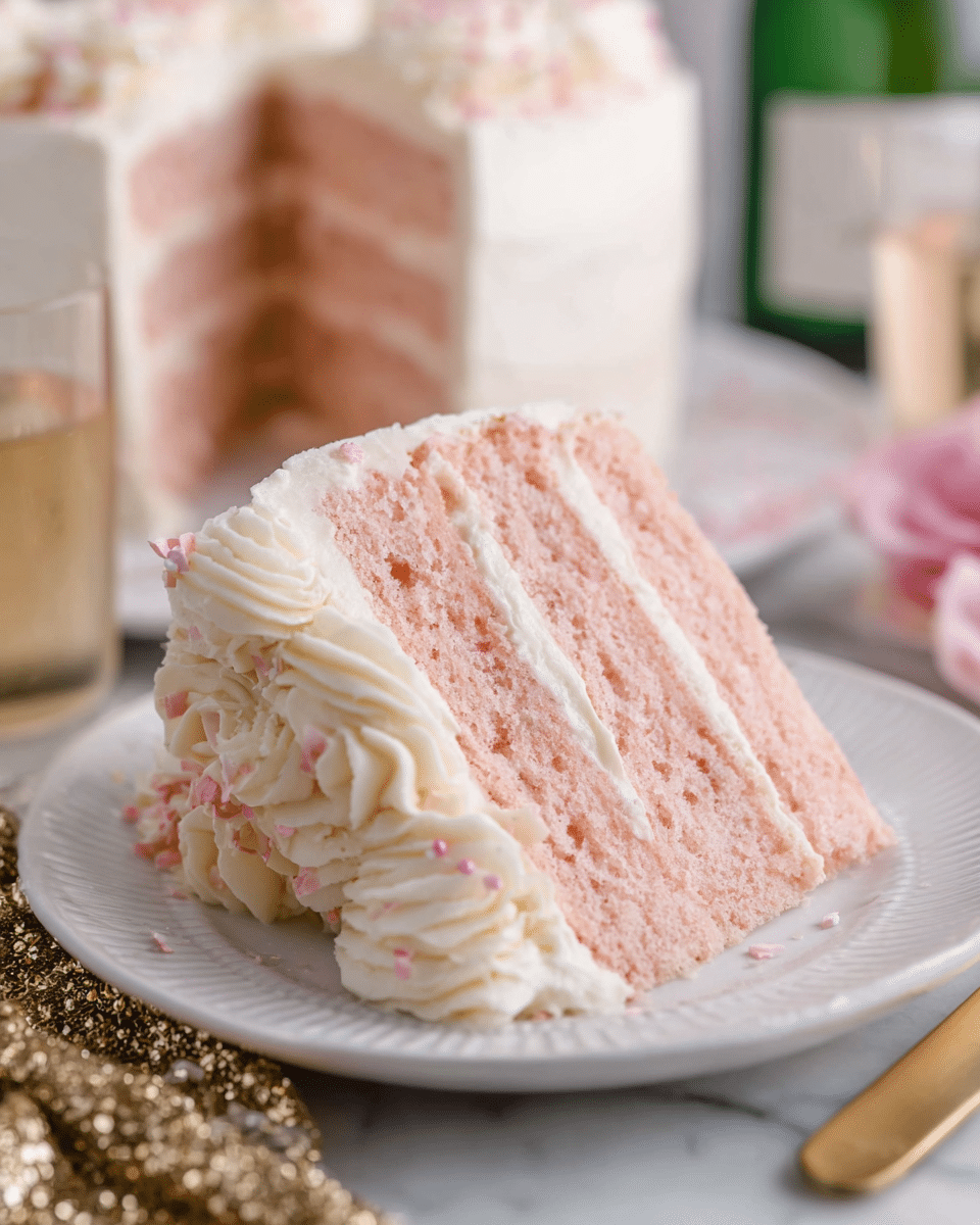 A slice of pale pink layered cake sits on a white plate with a subtle patterned rim. The cake has four layers of soft, moist pink sponge, each separated by thick, smooth white frosting. The outer edge of the slice is decorated with creamy white frosting swirls and sprinkled with small white and pale pink decorations. In the background, there is a full cake covered in white frosting and some green and white blurred elements, all set on a white marbled surface. A gold and glittery textured cloth and a gold utensil lie near the plate. Photo taken with an iphone --ar 4:5 --v 7