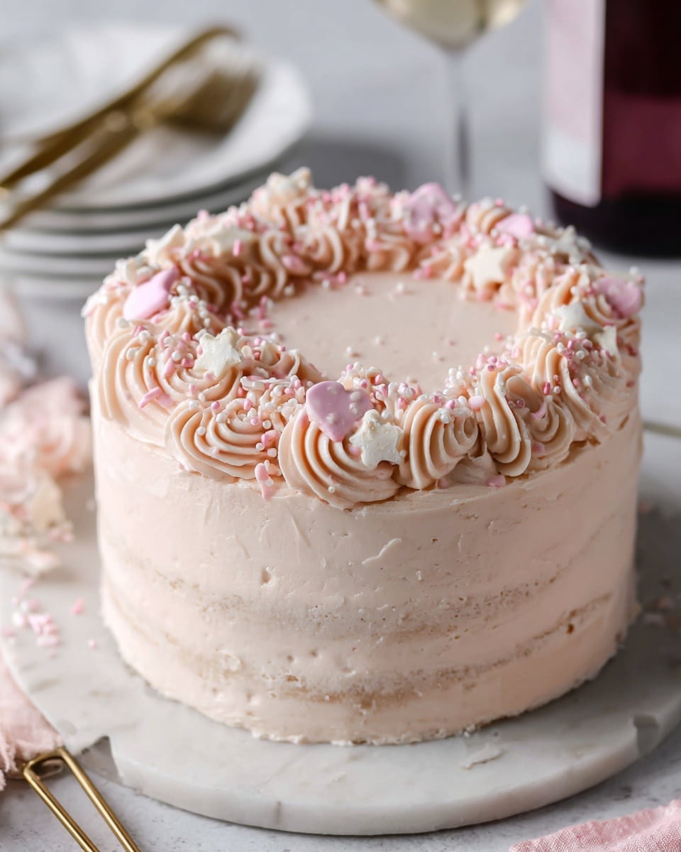 A round layered cake with smooth pale pink frosting covering the whole cake. The cake has visible three layers with creamy texture. The top edge is decorated with light pink piped rosettes and small star shapes, sprinkled with tiny white and pink sprinkles and white jimmies. The cake sits on a round white marbled surface. In the background, there are white plates stacked with gold forks and a blurred bottle to the right. Photo taken with an iphone --ar 4:5 --v 7