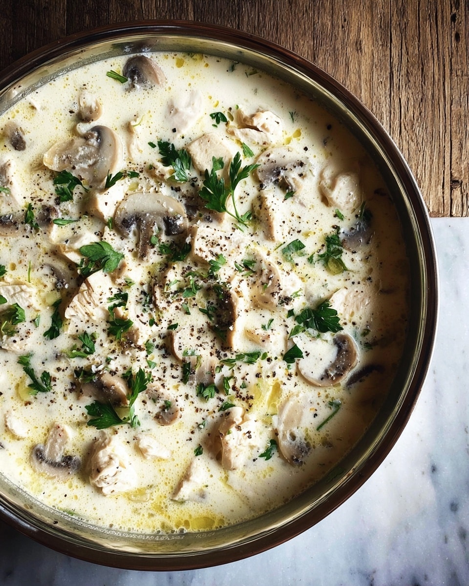 A metal pan filled with a creamy white sauce, with visible chunks of white chicken and light brown mushroom slices spread evenly across the surface, topped with small bright green parsley leaves and sprinkled black pepper, sitting on a white marbled texture that replaces the wooden surface. Photo taken with an iphone --ar 4:5 --v 7
