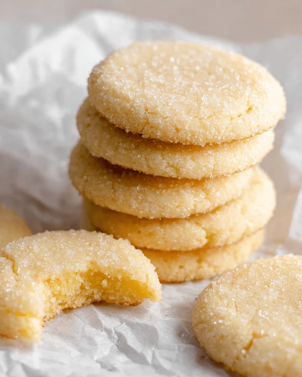 A close-up view of a stack of seven round, pale yellow sugar cookies with a grainy sugar texture on the surface, resting on crumpled white parchment paper. One cookie lies flat in the foreground, showing its slightly rough and sugary top, while another cookie with a bite taken out of it is placed nearby, revealing a soft, crumbly inside with a warm yellow color. The setting includes a soft, white marbled background. photo taken with an iphone --ar 4:5 --v 7