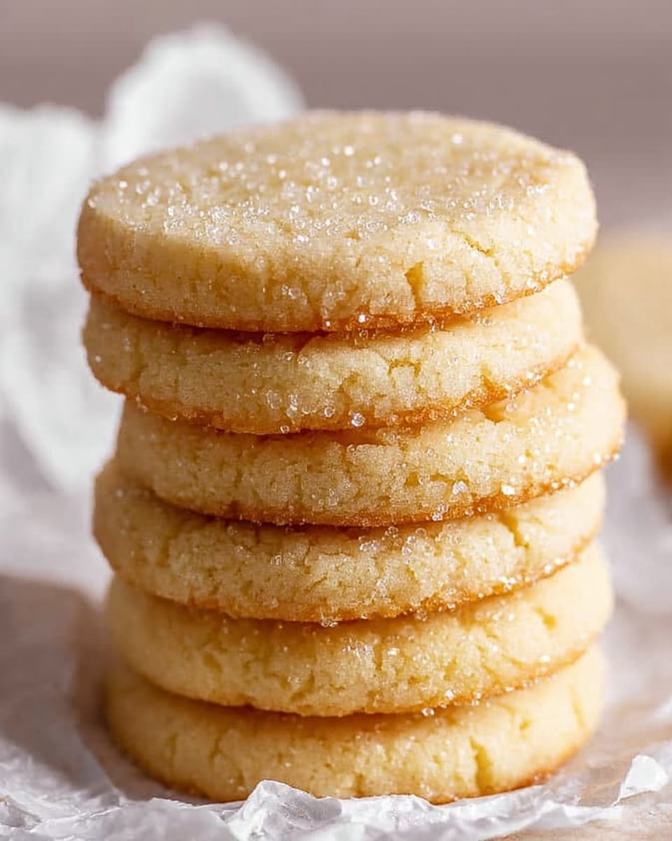 A stack of five round, light golden cookies is shown on a white crinkled cloth. Each cookie has a slightly rough texture on the edges with large sugar crystals sparkling on the surface, adding a crunchy appearance. The cookies are evenly thick and neatly stacked, making the layers clear and visible. The background is softly blurred in neutral tones, emphasizing the warm color and texture of the cookies. photo taken with an iphone --ar 4:5 --v 7