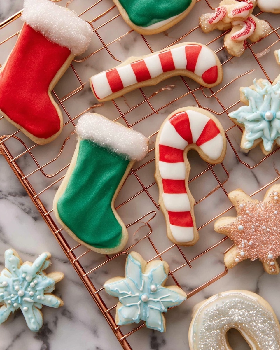 This image shows a variety of Christmas-themed sugar cookies on a white marbled surface and a copper-colored cooling rack. The cookies include red and green stockings with white cuffs; one red stocking has a fluffy white sugar edge. There are candy cane cookies with red and white stripes, and another candy cane with green and white stripes. Two snowflake cookies are decorated with light blue icing and small pearl details, and a white snowflake cookie is covered with sparkling sugar crystals. Each cookie is smooth and has bright, glossy icing that contrasts with the soft, pale base of the cookie. Photo taken with an iphone --ar 4:5 --v 7