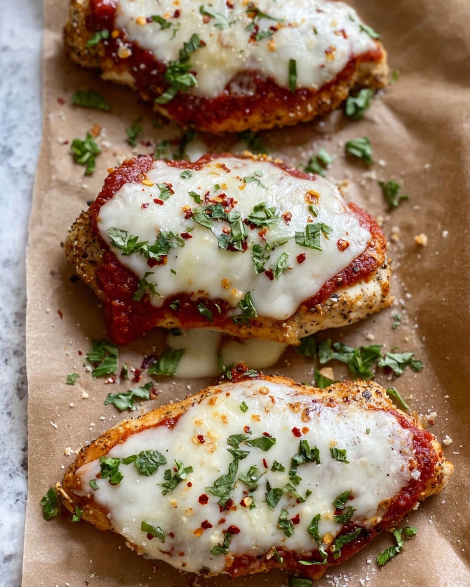 Three pieces of baked chicken breast are arranged in a row on brown parchment paper over a white marbled texture. Each piece has three layers: the bottom layer is golden-brown baked chicken, the middle layer is a thin, bright red tomato sauce, and the top layer is thick, melted white cheese with a slightly browned and bubbly texture. The chicken pieces are sprinkled with small green parsley leaves and red chili flakes scattered on and around the chicken. The overall look is warm and fresh, with a rustic feel. photo taken with an iphone --ar 4:5 --v 7