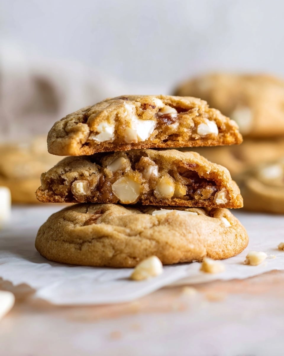The image shows a close-up of three soft cookies stacked on a white marbled surface. The bottom cookie is whole with a slightly cracked golden-brown surface. On top, there are two halves of a cookie showing a chewy, moist inside with visible chunks of melted white chocolate and pieces of nuts, creating a textured mix of light brown dough and creamy white spots. The background is softly blurred, keeping focus on the cookies in the center. photo taken with an iphone --ar 4:5 --v 7