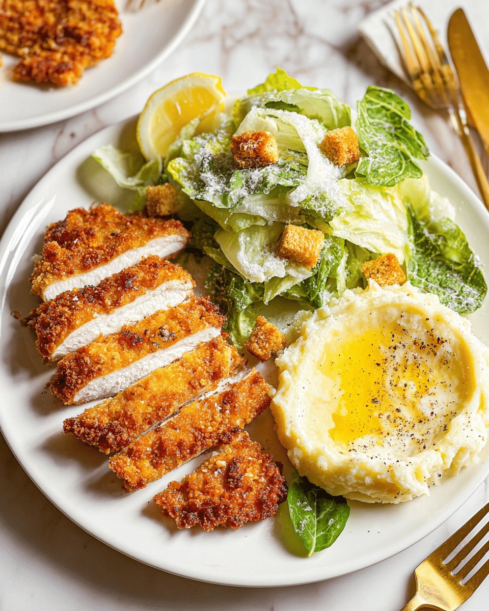 A white plate holds a meal with three main parts: on the bottom left are slices of crispy, golden-brown fried chicken arranged in a neat row, showing a white inside; above the chicken is a small salad made of green romaine lettuce leaves coated lightly with creamy dressing and topped with small, golden-brown croutons; on the right side is a creamy mound of mashed potatoes with a shiny pool of melted butter on top, sprinkled with black pepper. A small wedge of lemon rests near the chicken, and a gold fork and knife lie on the left side of the plate. The scene is set on a white marbled surface. Photo taken with an iphone --ar 4:5 --v 7