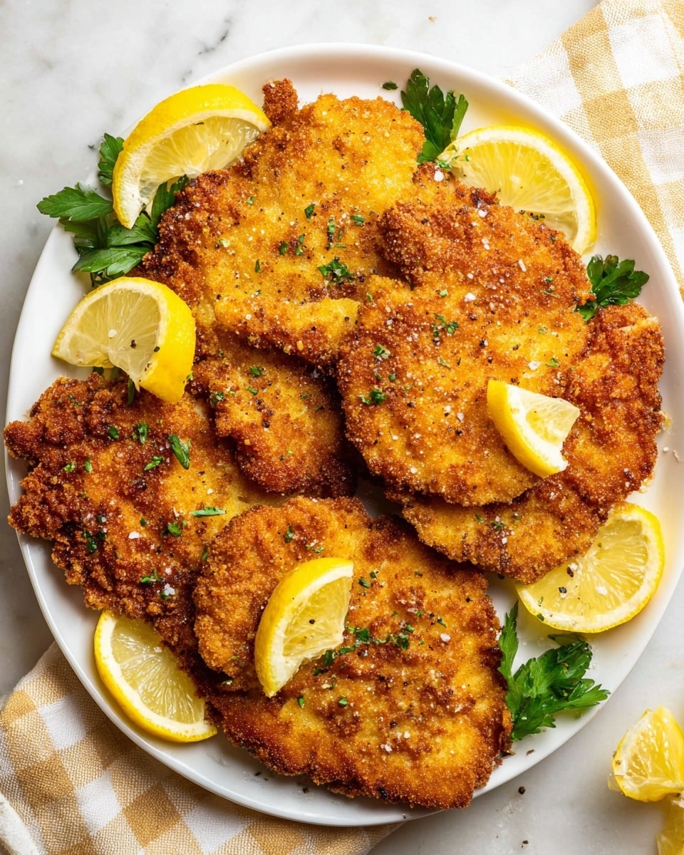 Four pieces of golden brown, crispy fried schnitzel are neatly arranged covering a large white plate. The schnitzel pieces have rough, crunchy textures with some areas slightly darker, showing a perfect fry. Around the schnitzel are small, bright yellow lemon wedges sprinkled with some black pepper, adding a fresh contrast. Fresh green parsley leaves are placed between the schnitzel pieces and lemons, adding a pop of green color. The plate sits on a white marbled textured surface, with a beige and white checked cloth partially visible in the corner. Photo taken with an iphone --ar 4:5 --v 7