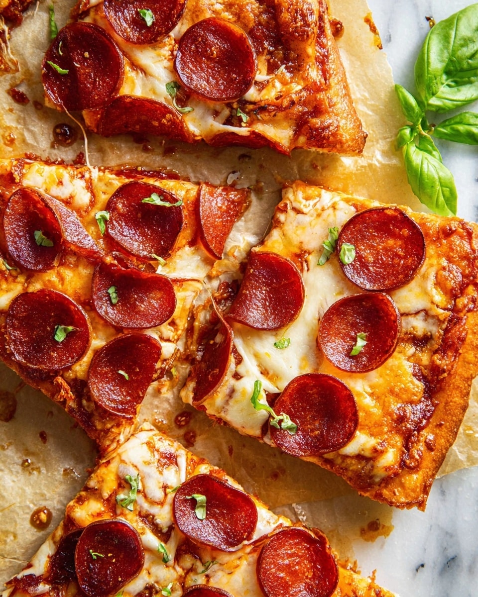 The image shows several pieces of pepperoni pizza on parchment paper over a white marbled surface. Each pizza slice has a thick, golden-brown crust at the edges and melted white mozzarella cheese covering the base. On top, there are many round, slightly curled pepperoni slices that are a deep reddish-brown color and some small green basil leaves scattered around. The pizza looks juicy with some oil droplets visible on the parchment paper. In the top right corner, fresh green basil leaves add a touch of color to the scene. photo taken with an iphone --ar 4:5 --v 7