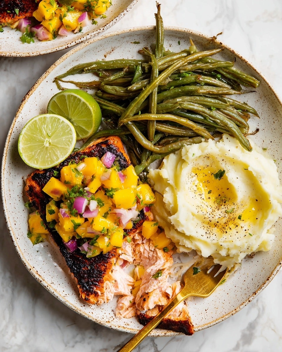 A white speckled plate holds a meal with three main parts: on the left side, charred salmon topped with bright yellow mango salsa mixed with red onion and green herbs, along with two lime wedges placed beside it; on the top left side, a pile of cooked green beans seasoned with black pepper; on the right side, creamy mashed potatoes with a swirl of melted butter and ground black pepper on top. The plate rests on a white marbled surface, and a gold fork is placed near the mashed potatoes, partially touching the salmon. Photo taken with an iphone --ar 4:5 --v 7