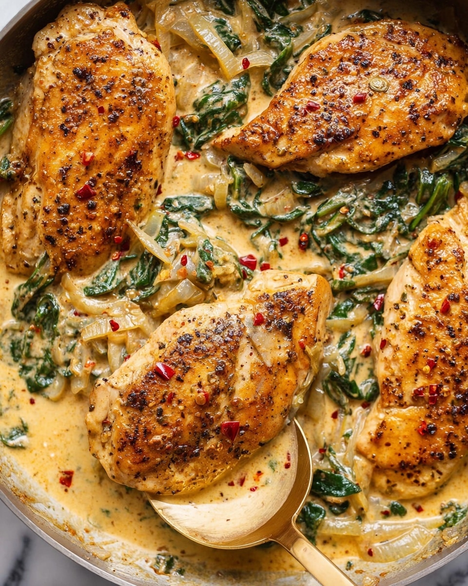 The image shows four golden brown chicken breasts cooked in a creamy sauce with visible black pepper flakes and red chili flakes. The chicken pieces are arranged closely, covering nearly the whole pan surface. The creamy sauce is pale yellow with a smooth texture and contains wilted green leafy vegetables and light brown onion slices, partially submerged around the chicken. A gold spoon rests under one chicken breast, slightly lifting it, revealing the thick sauce beneath. The background is a white marbled texture. Photo taken with an iphone --ar 4:5 --v 7
