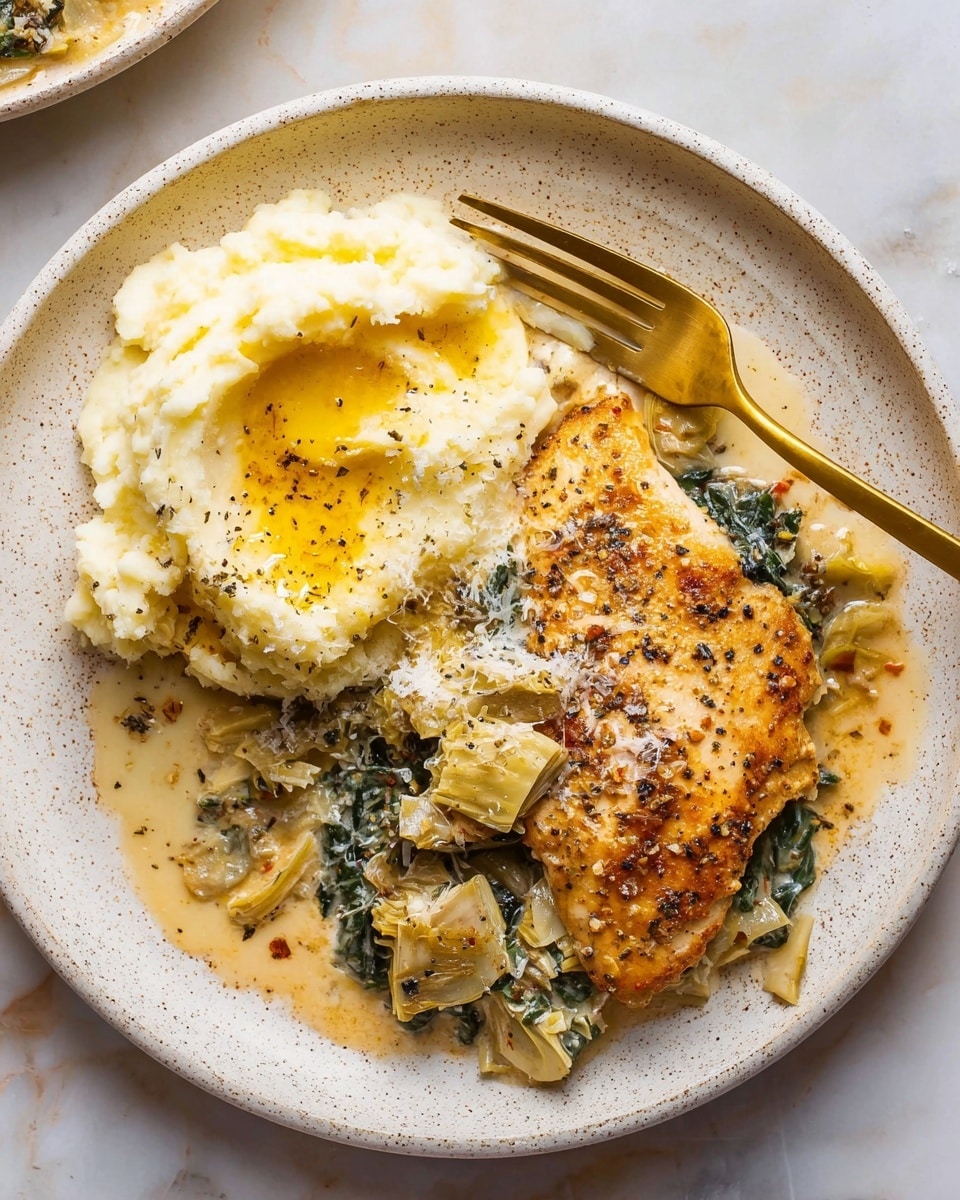 A white speckled plate holds a serving of creamy mashed potatoes on the left side, topped with a drizzle of melted butter and sprinkled with black pepper. On the right side, there is a golden-brown, seasoned chicken breast sitting in a light, creamy sauce with pieces of sautéed greens and artichoke hearts mixed in. The sauce has a slightly orange tint with visible herbs, and some grated cheese is scattered lightly over the chicken and sauce. A gold knife and fork rest across the top edge of the plate. The background is a white marbled surface. photo taken with an iphone --ar 4:5 --v 7