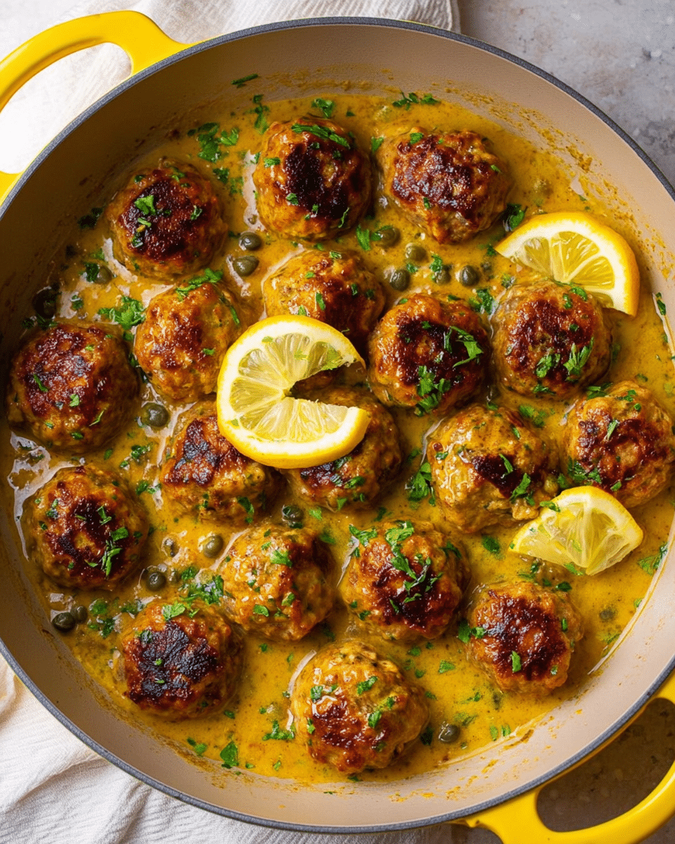 A close-up of a pan filled with about 20 golden brown meatballs sitting in a rich, thick yellowish sauce with bits of herbs and capers scattered around. The meatballs have a crispy, browned outside and are garnished with small green parsley pieces. Thin lemon slices are placed on top and partly under some meatballs, adding a fresh look. The pan has yellow handles and rests on a white marbled textured surface. photo taken with an iphone --ar 4:5 --v 7