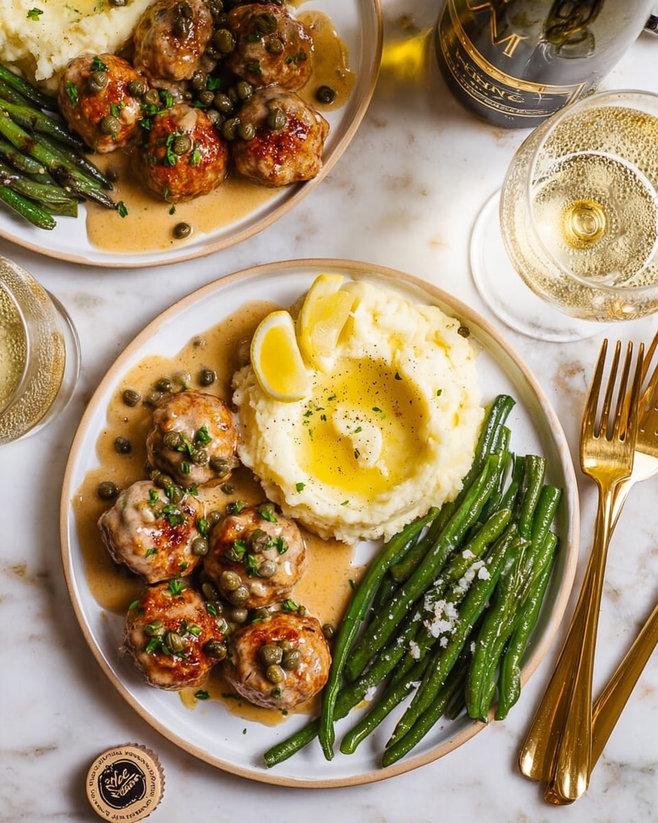 A white round plate holds three sections of food: on the left are six golden-brown meatballs covered in a light tan sauce with capers and garnished with small green herbs and a thin lemon slice; in the center is a smooth, creamy mound of mashed potatoes with a pool of melted butter and a sprinkle of black pepper on top; on the right is a serving of cooked green beans with a slightly shiny texture and some small bits sprinkled on them. Next to the plate are a gold fork and knife placed side by side. Another similar plate is partially visible above, showing more meatballs, green beans, and mashed potatoes. A glass of light-colored wine with bubbles and a bottle cap with gold lettering are positioned on a white marbled surface around the plates. photo taken with an iphone --ar 4:5 --v 7