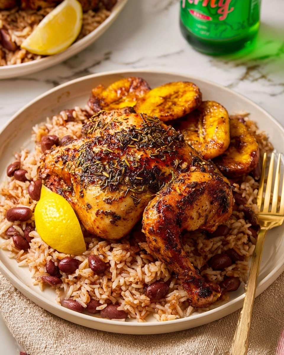 A white plate holds a roasted chicken with a crispy, golden-brown skin on top that shows some dark herb seasoning and charred spots. Below and around the chicken is a mix of fluffy rice and red beans, lightly browned and speckled with seasoning. To the side of the chicken is a small bright yellow lemon wedge and deep golden-brown fried plantains with a shiny caramelized surface. The plate sits on a light beige cloth on a white marbled surface. A green sparkling grapefruit bottle cap and part of a can are visible in the background, and a gold fork is placed near the rice. photo taken with an iphone --ar 4:5 --v 7