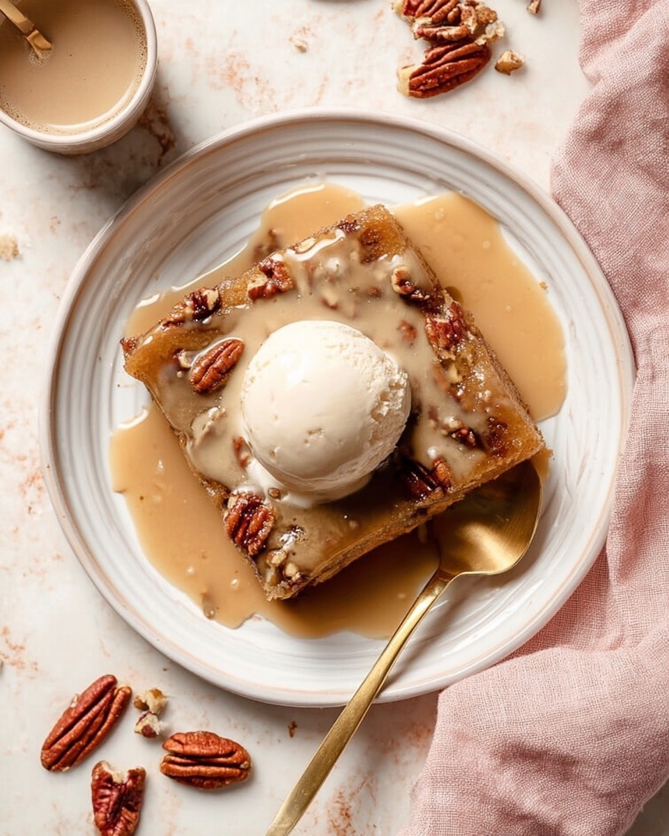 A square slice of sticky pecan dessert sits on a white plate with a slight edge design. The dessert has a golden-brown base with visible pecan pieces embedded on top. It is covered in a smooth, light caramel sauce that drips slightly onto the plate. A round, creamy scoop of vanilla ice cream sits in the middle of the dessert. A shiny gold spoon rests under one side of the dessert. Around the plate, there are pecan halves scattered with a pale pink linen napkin to the right. The surface beneath everything has a soft white marbled texture. Photo taken with an iphone --ar 4:5 --v 7