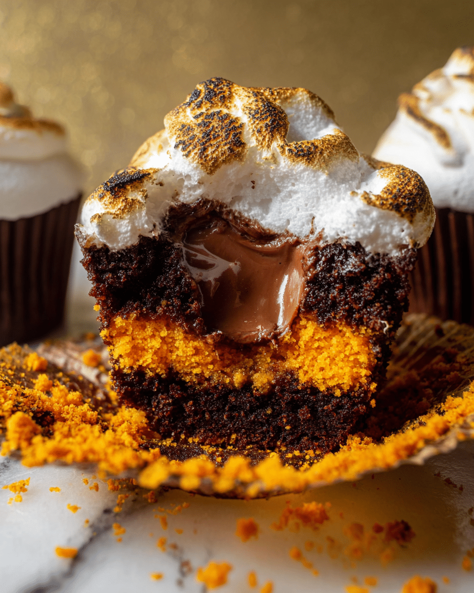 A close-up view of a cupcake with three visible layers: the bottom layer is a bright orange crumbly crust, the middle layer is a moist dark chocolate cake, and the top layer is a creamy chocolate center that looks smooth and melted. The cupcake is topped with fluffy white marshmallow cream, which is toasted to a golden brown color in spots. The cupcake rests in a wrapper on a white marbled surface with golden crumbs scattered around. Photo taken with an iphone --ar 4:5 --v 7