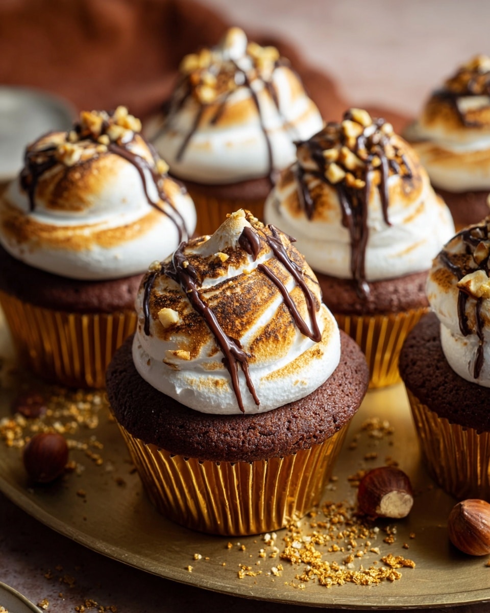 The image shows several chocolate cupcakes each topped with a thick swirl of toasted white and light brown meringue cream drizzled with thin lines of glossy dark chocolate sauce. The cupcakes are in golden brown paper liners and are arranged on a round gold-colored tray, with scattered whole hazelnuts and golden crumbs around them. The texture of the cupcake base looks moist and dense, while the meringue topping is fluffy with a smooth finish that contrasts with the slight crispness of the toasted brown edges. Photo taken with an iphone --ar 4:5 --v 7